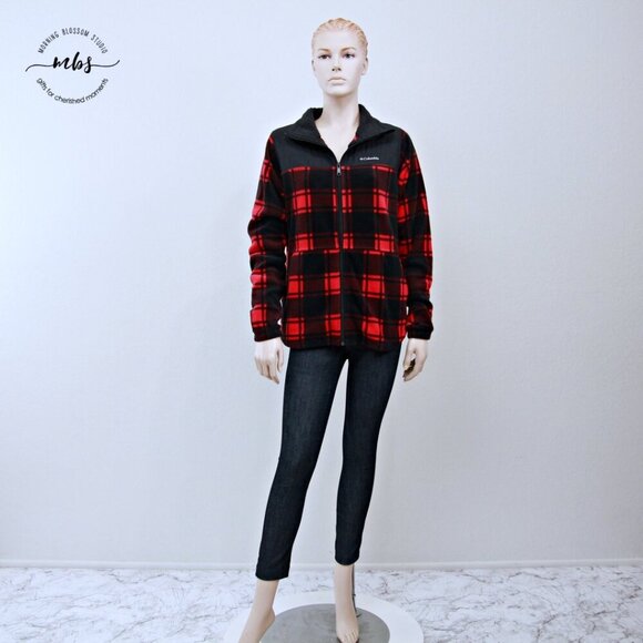 Columbia Benton Springs Overlay Plaid Check Zip Fleece Jacket Red Black Women M - Picture 3 of 10